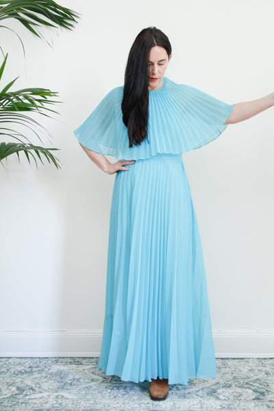 1970's Pleated Accordion Blue Sheer Halter Neck Cape Dress Rare