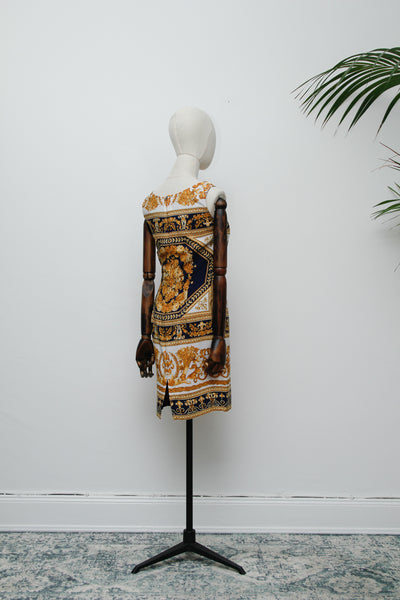 Vintage “Old Money” Gold Baroque Shift Dress – Versace-Inspired, Navy & White, Summer Style