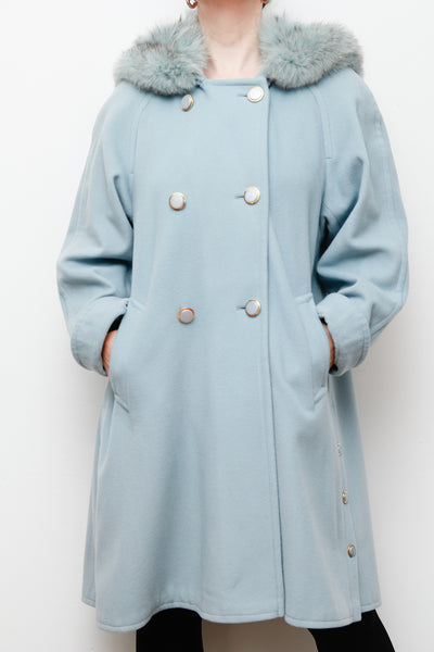 1980's Ice Blue Fox Fur Swing Wool Coat