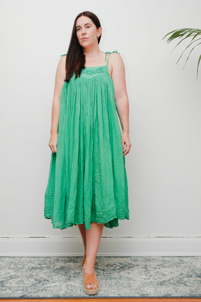 1970s Indian Gauze Cotton Dress – Vintage Green Boho Smock with Adjustable Sun Straps