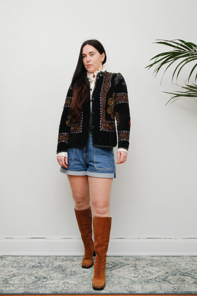 60's 70's Vintage Floral Velvet Black Blazer Jacket
