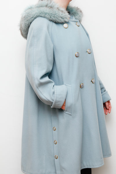 1980's Ice Blue Fox Fur Swing Wool Coat