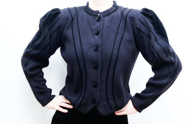 Vintage 1980's Velvet Mutton Sleeve Knitted Wool Cardigan