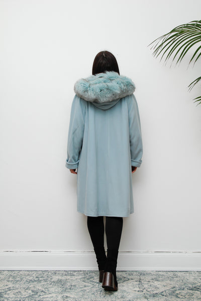 1980's Ice Blue Fox Fur Swing Wool Coat