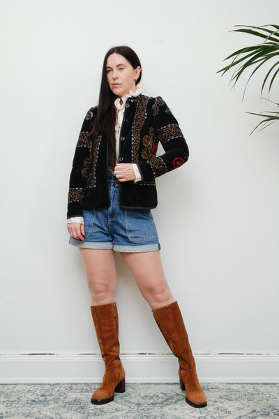 60's 70's Vintage Floral Velvet Black Blazer Jacket