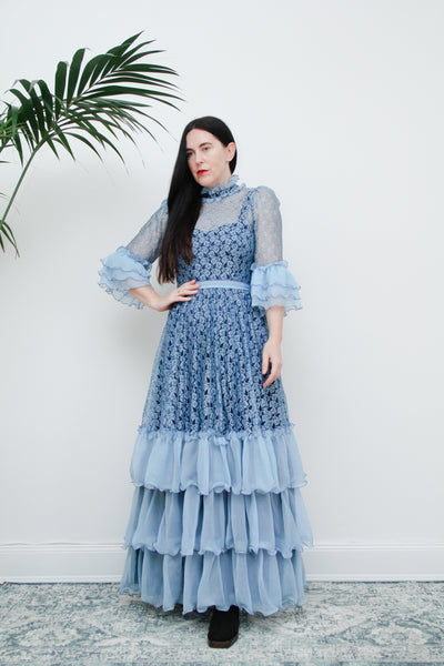 Vintage Floral Lace Blue Frilly Victorian Maxi Dress