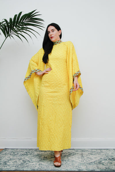 1970's Yellow Cotton Lace Mexican Kaftan Wizard Sleeve Dress