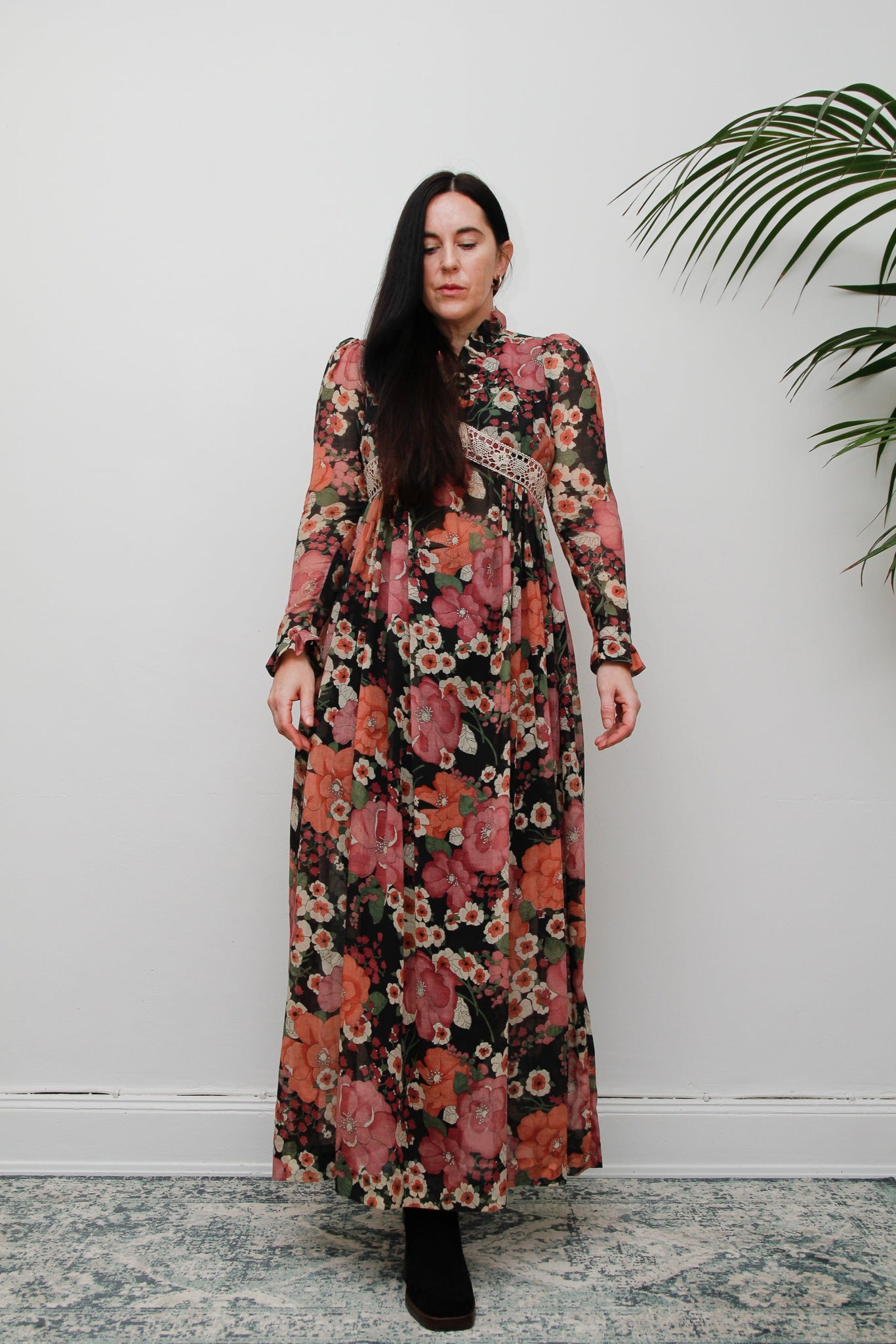 Vintage Floral Cotton Sheer Frilled Maxi Dress