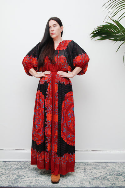 Vintage 1970's Decorative Floral Billowing Maxi Dress