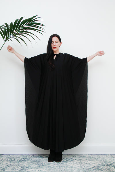 1970's Pleated Accordion Black Kaftan Dress Rare