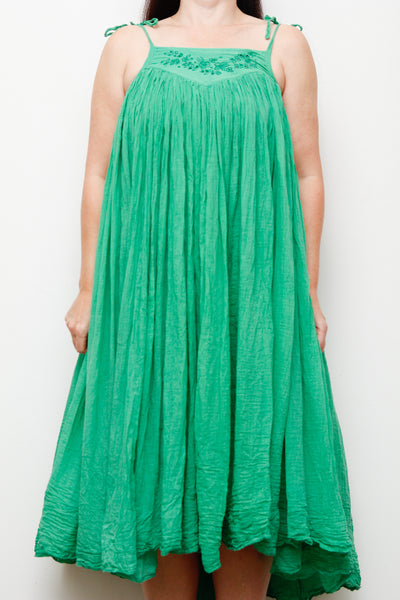 1970s Indian Gauze Cotton Dress – Vintage Green Boho Smock with Adjustable Sun Straps