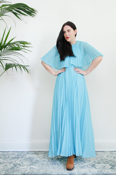 1970's Pleated Accordion Blue Sheer Halter Neck Cape Dress Rare