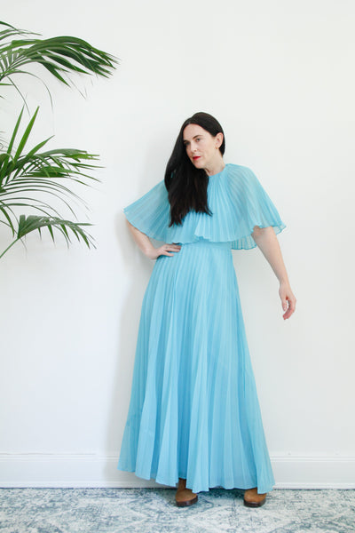 1970's Pleated Accordion Blue Sheer Halter Neck Cape Dress Rare