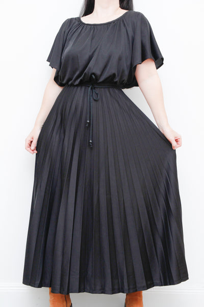 1970's Vintage Grecian Black Pleated Maxi Dress