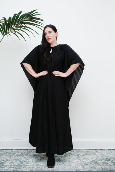 1970's Pleated Accordion Black Kaftan Dress Rare