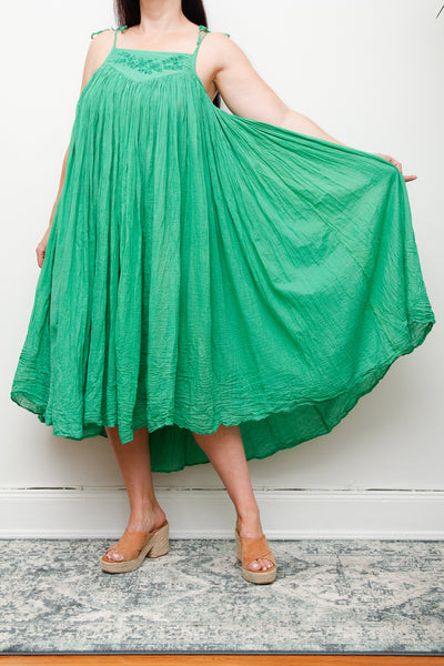 1970s Indian Gauze Cotton Dress – Vintage Green Boho Smock with Adjustable Sun Straps