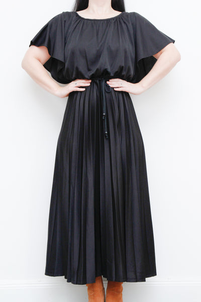 1970's Vintage Grecian Black Pleated Maxi Dress