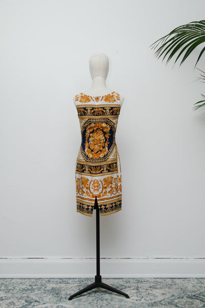 Vintage “Old Money” Gold Baroque Shift Dress – Versace-Inspired, Navy & White, Summer Style