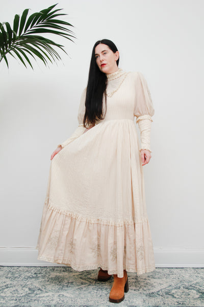 Vintage Cotton Embroidered Mexican Wedding Maxi Dress