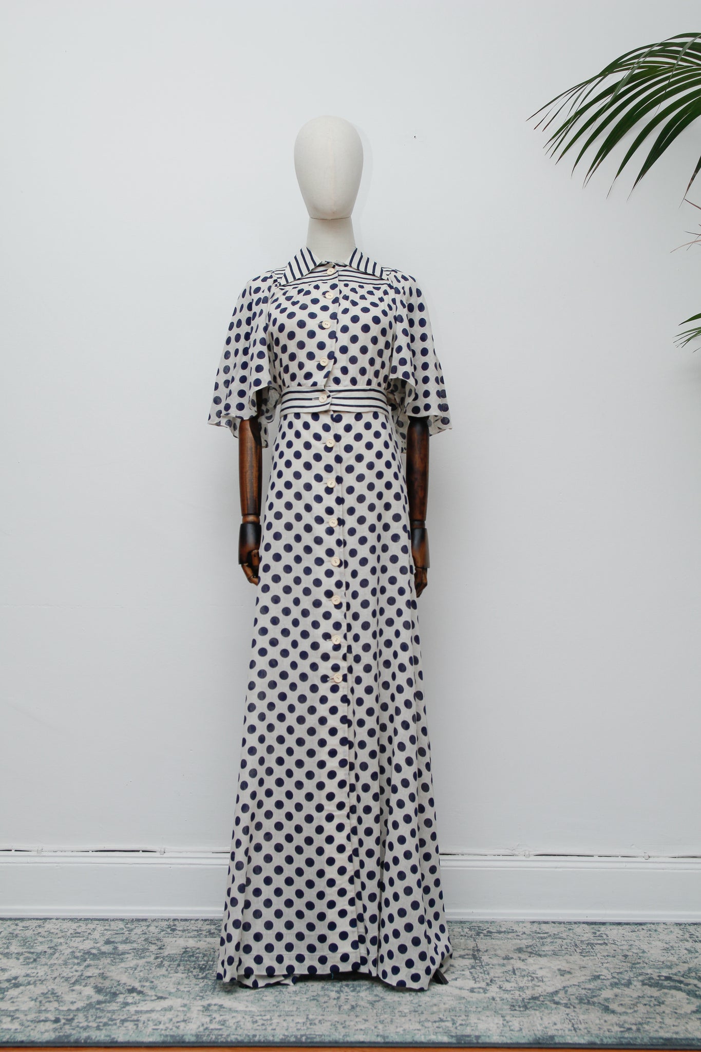 Vintage Cream Cotton Polka Dot Two-Piece Set – Cape Sleeve Blouse & High-Waisted Maxi Skirt