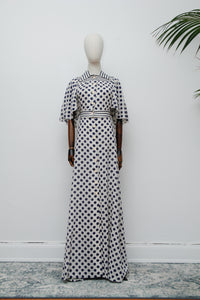 Vintage Cream Cotton Polka Dot Two-Piece Set – Cape Sleeve Blouse & High-Waisted Maxi Skirt