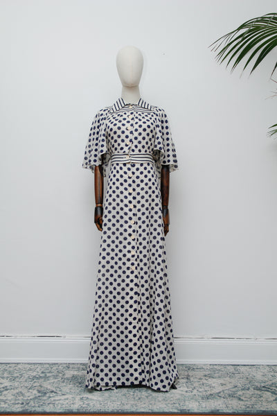 Vintage Cream Cotton Polka Dot Two-Piece Set – Cape Sleeve Blouse & High-Waisted Maxi Skirt