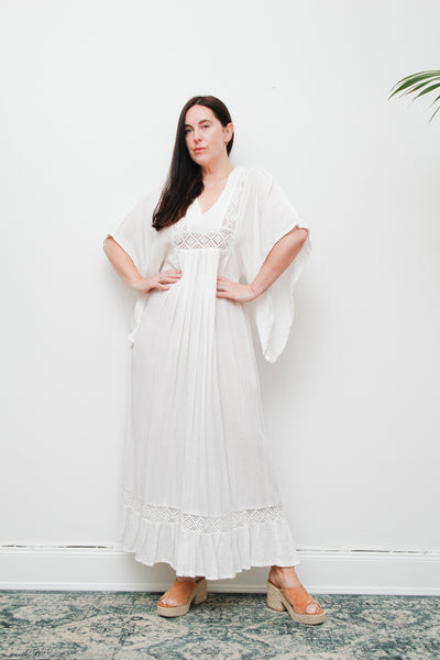 Vintage Cream Cotton Gauze Maxi Dress | Boho Lace Flounce Dress with Dramatic Sleeves – Ethereal 100% Cotton Gown