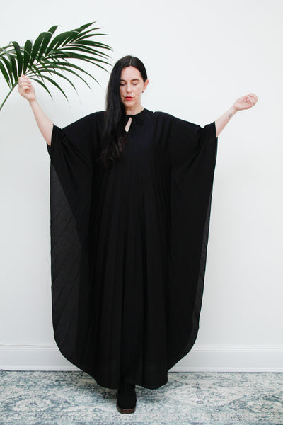 1970's Pleated Accordion Black Kaftan Dress Rare