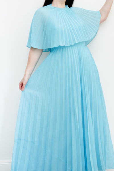 1970's Pleated Accordion Blue Sheer Halter Neck Cape Dress Rare