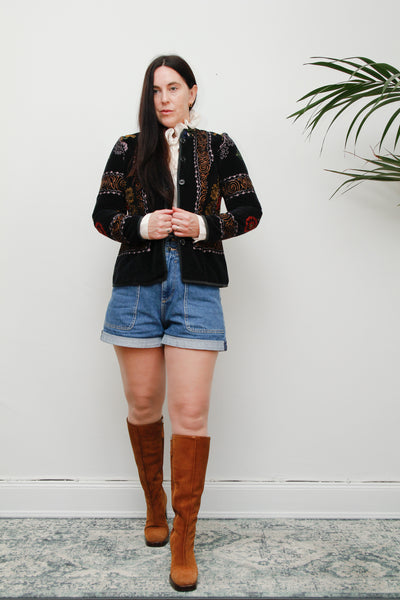 60's 70's Vintage Floral Velvet Black Blazer Jacket