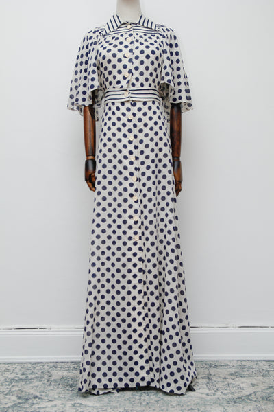 Vintage Cream Cotton Polka Dot Two-Piece Set – Cape Sleeve Blouse & High-Waisted Maxi Skirt