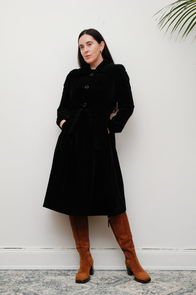 1970's Black Velvet Belted Trench Coat