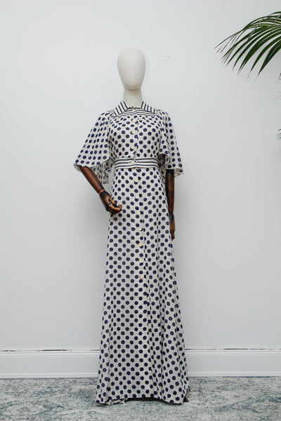 Vintage Cream Cotton Polka Dot Two-Piece Set – Cape Sleeve Blouse & High-Waisted Maxi Skirt