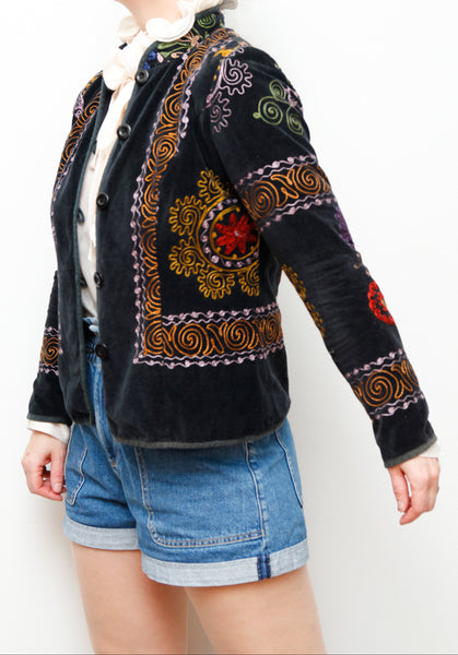 60's 70's Vintage Floral Velvet Black Blazer Jacket