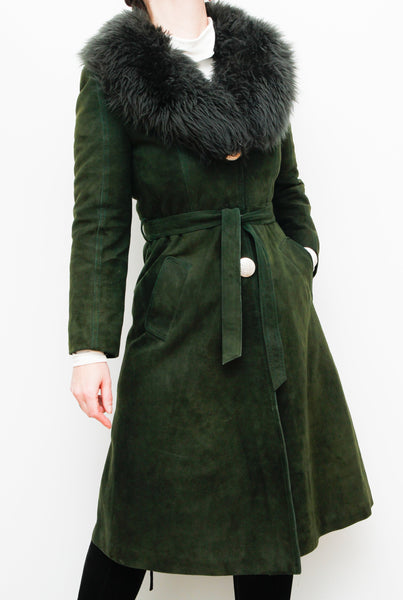 1970's Green Suede Penny Lane Sheepskin Trench Coat