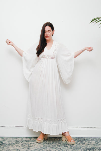 Vintage Cream Cotton Gauze Maxi Dress | Boho Lace Flounce Dress with Dramatic Sleeves – Ethereal 100% Cotton Gown