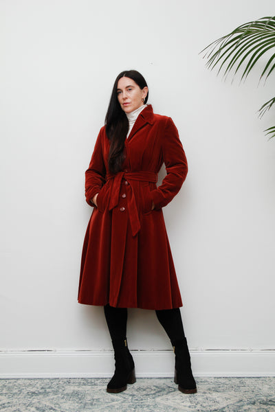 1970's Burnt Red Velvet Belted Trench Coat