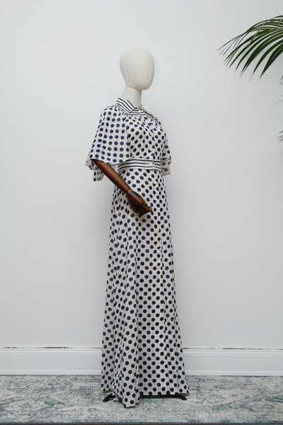 Vintage Cream Cotton Polka Dot Two-Piece Set – Cape Sleeve Blouse & High-Waisted Maxi Skirt