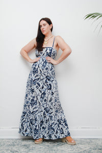 Vintage 1970s Blue & White Floral Cotton Maxi Dress – Bohemian Summer Style