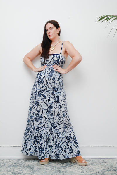 Vintage 1970s Blue & White Floral Cotton Maxi Dress – Bohemian Summer Style