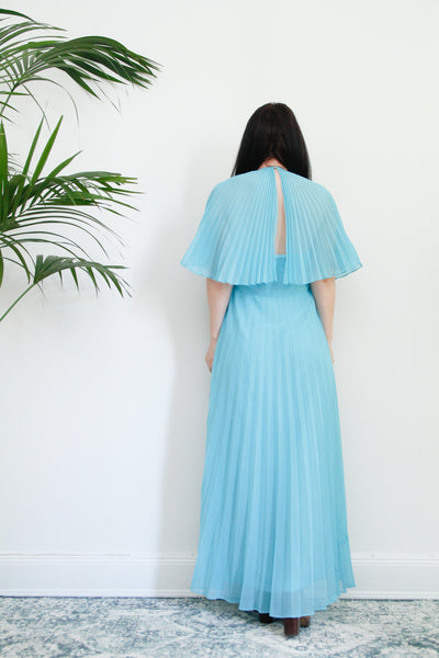 1970's Pleated Accordion Blue Sheer Halter Neck Cape Dress Rare