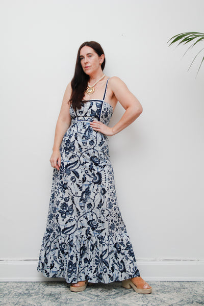Vintage 1970s Blue & White Floral Cotton Maxi Dress – Bohemian Summer Style