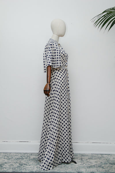 Vintage Cream Cotton Polka Dot Two-Piece Set – Cape Sleeve Blouse & High-Waisted Maxi Skirt