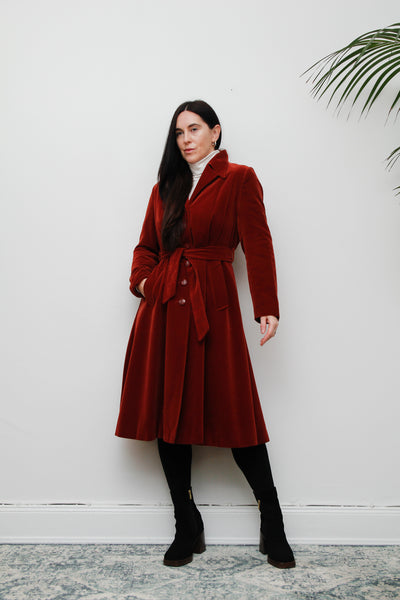 1970's Burnt Red Velvet Belted Trench Coat