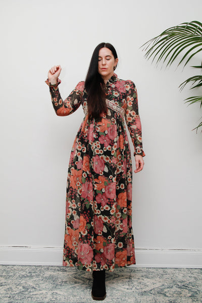 Vintage Floral Cotton Sheer Frilled Maxi Dress