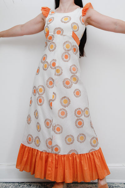 1970's Floral Apron Pinafore Cotton Maxi Dress