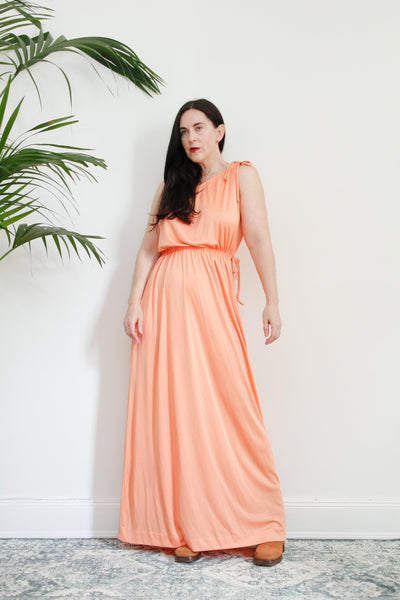 1970's Grecian One Shoulder Peach Maxi Dress