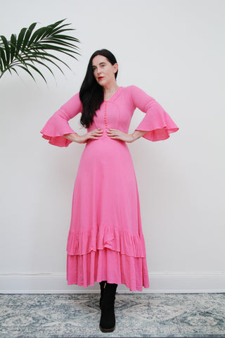Vintage Pink Cotton Floral Cheesecloth Maxi Kaftan Dress