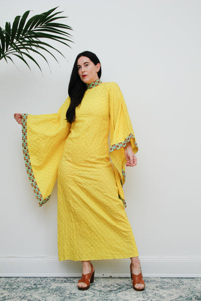 1970's Yellow Cotton Lace Mexican Kaftan Wizard Sleeve Dress