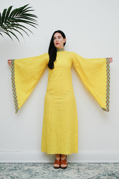 1970's Yellow Cotton Lace Mexican Kaftan Wizard Sleeve Dress